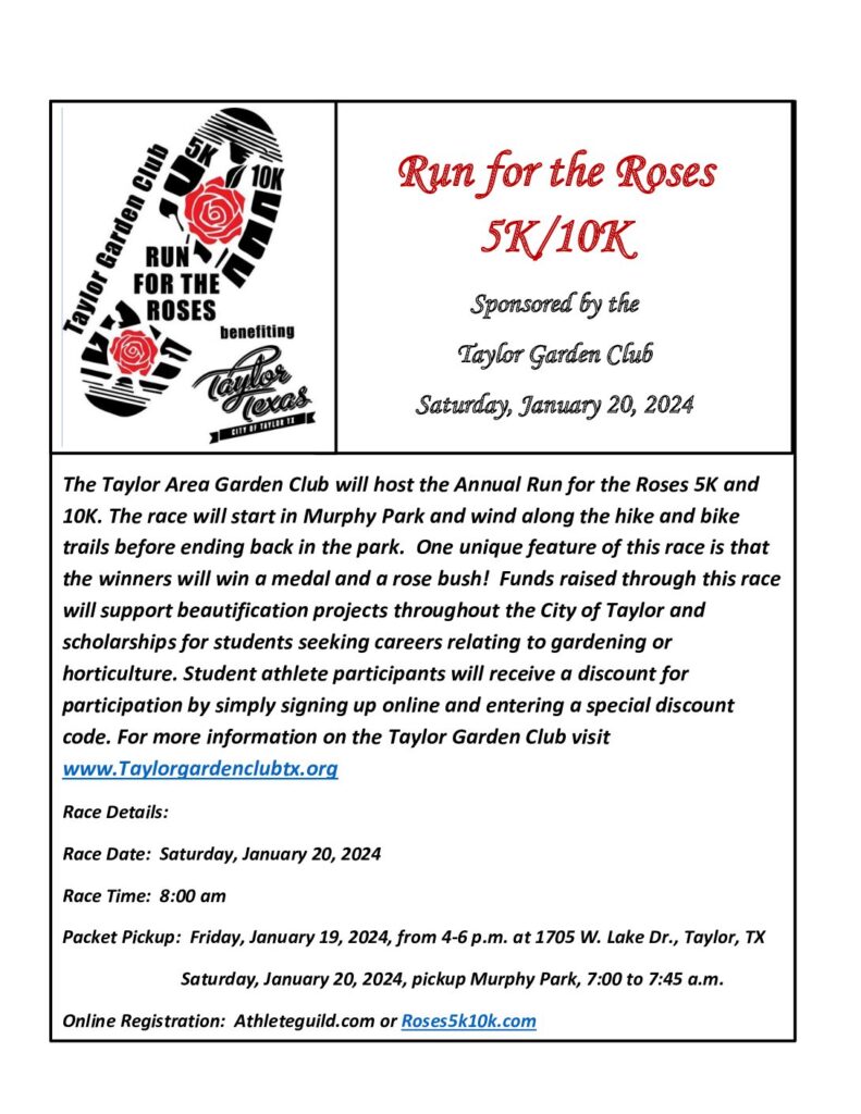 Run for the Roses 5K/10K Race 2024 Taylor Garden Club